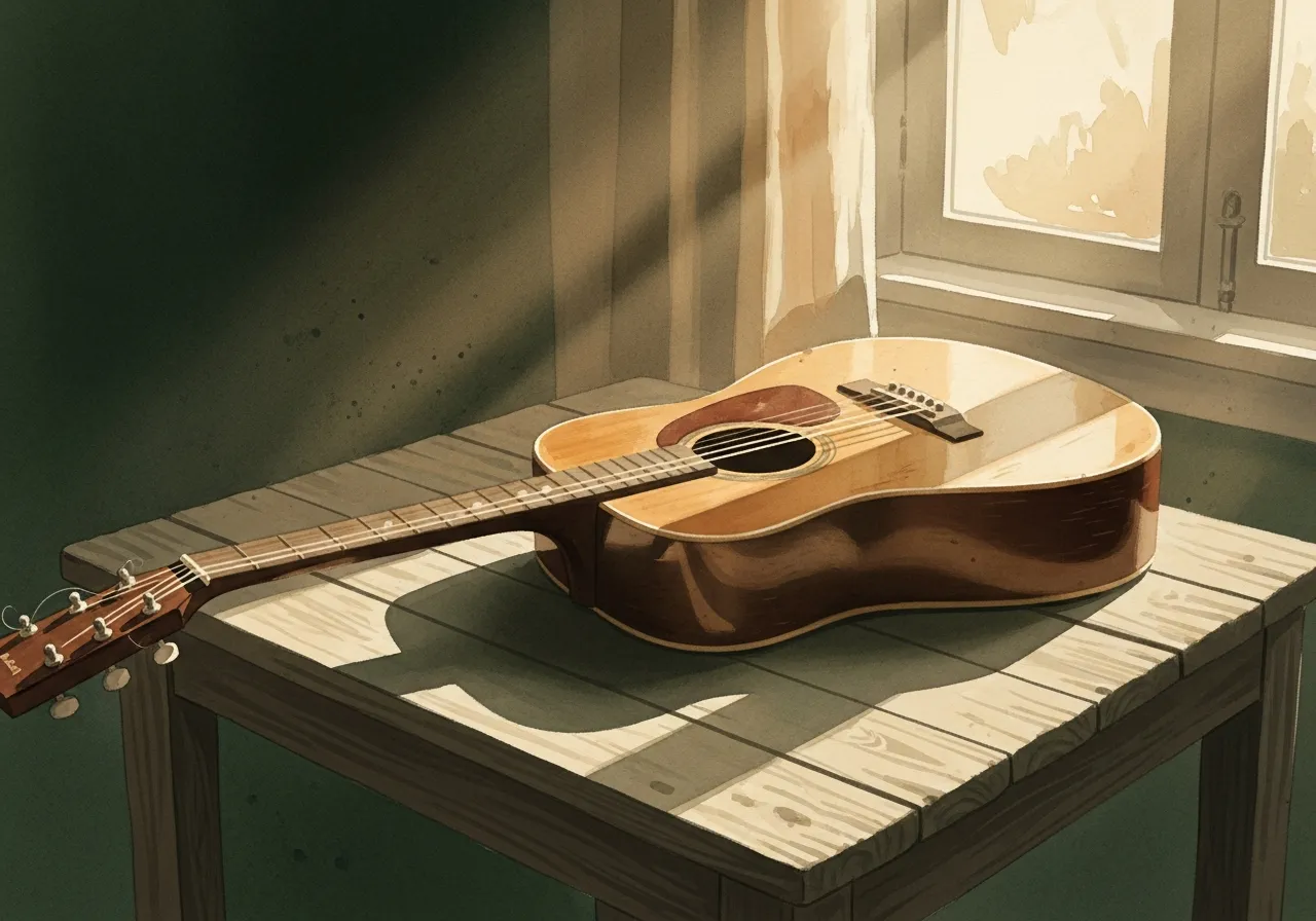 An acoustic guitar resting on a worn wooden table, lit by warm window light